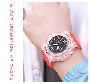 Close-up view of SMAEL transparent pink outdoor dual-display watch worn on a wrist