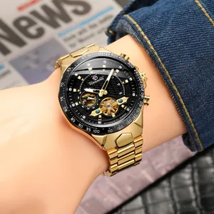 Detailed close-up of FORSINING gold automatic mechanical watch with a black skeleton dial