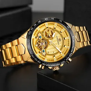 Close-up detail of Forsining gold automatic mechanical watch with skeletal tourbillon dial