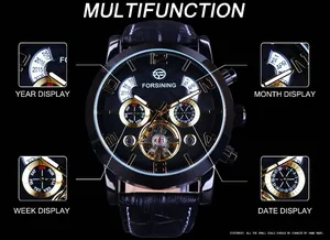 Vue fonctionnelle détaillée de la montre mécanique automatique Forsining multifonction.