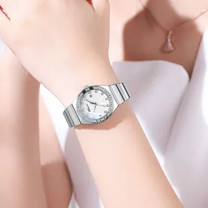 Elegant Chenxi women's quartz watch featuring round diamond bezel and silver steel band.