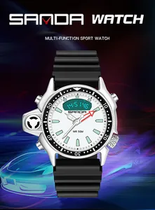 Orologio sportivo impermeabile multifunzione Sanda con quadrante bianco e cinturino nero