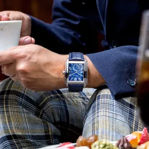 Elegant men's square quartz watch with blue leather strap and Roman numeral dial