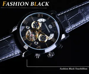 Vue détaillée de la montre automatique FORSINING pour hommes avec cadran noir et cuir