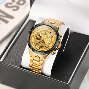 Detailed view of Forsining gold automatic mechanical watch presented in a luxury black gift box
