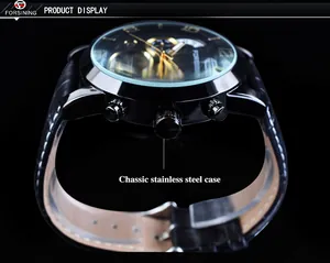 Vue détaillée du boîtier de montre mécanique FORSINING en acier inoxydable noir