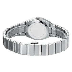Silver ladies quartz watch back view with stainless steel case and water resistance