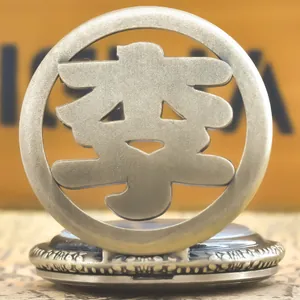 Macro detail of a vintage bronze pocket watch with hollowed Chinese character Li design