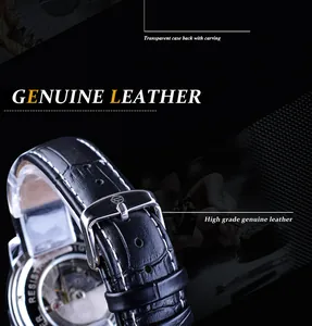 Vue détaillée de la montre mécanique automatique pour hommes avec bracelet en cuir véritable.