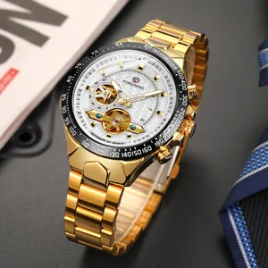 Close-up of Forsining gold automatic mechanical watch with skeleton tourbillon dial.