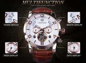 Gros plan détaillé de la montre mécanique automatique FORSINING pour homme avec sous-cadrans