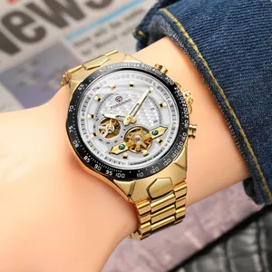Close-up of Forsining men's gold automatic mechanical watch with skeleton dial