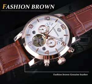 Vue détaillée de la montre mécanique automatique Forsining avec bracelet cuir brun