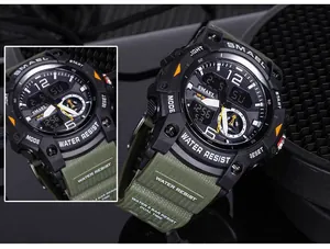 Detailed view of SMAEL rugged outdoor watch with army green strap and dual display.