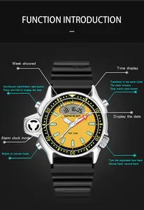 Schema funzionale dell'orologio sportivo SANDA impermeabile con quadrante giallo e cinturino.