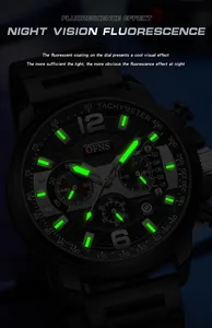 Vista detallada del reloj de cuarzo para hombre con fluorescencia nocturna verde