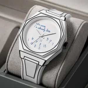 Reloj blanco estilo boceto 2D único con esfera Who cares I'm already late