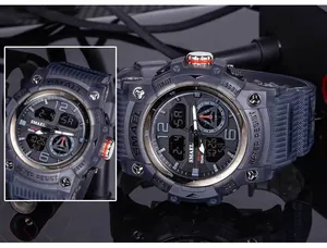Close-up detail of SMAEL outdoor transparent watch with dual display and textured strap