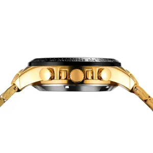 Side view detail of Forsining gold automatic mechanical watch with black tachymeter bezel