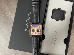 Square corgi cartoon watch with big eyes and black leather strap in gift box