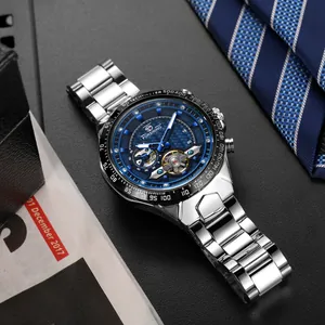 Forsining men's blue dial automatic mechanical watch styled with a blue striped tie