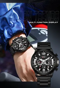 Reloj de cuarzo multifunción para hombre con correa de metal negro y esfera luminosa