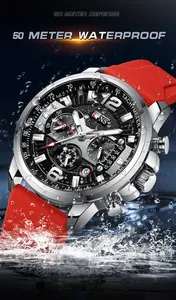 Reloj de cuarzo impermeable para hombre con correa de silicona roja y agujas luminosas
