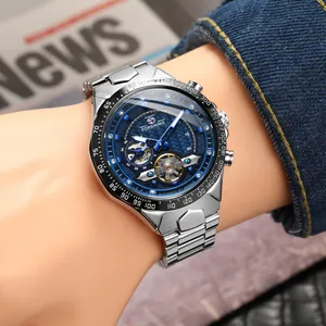 Detailed shot of Forsining automatic mechanical men's watch with blue tourbillon dial.