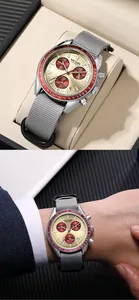 Close-up of MEGIR men's chronograph watch featuring a grey nylon strap and red bezel