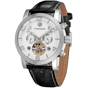 Vue détaillée de la montre mécanique automatique Forsining avec cadran blanc et tourbillon