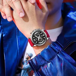 Reloj de cuarzo para hombre con correa roja y esfera luminosa de tres esferas