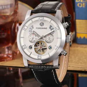 Montre mécanique automatique Forsining pour hommes avec cadran blanc et cuir noir