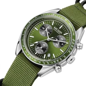 MEGIR men's military green chronograph watch with canvas strap and silver case