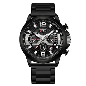 Reloj de cuarzo negro de lujo para hombre con correa de acero y cronógrafo luminoso