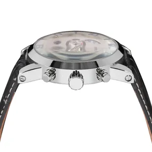 Vue latérale de la montre automatique Forsining avec couronne et poussoirs en argent
