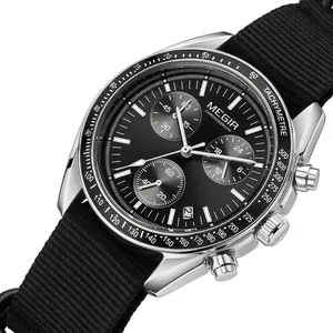 MEGIR men's chronograph sports watch with black canvas strap and silver stainless steel case
