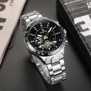 Close-up of Forsining automatic watch with tourbillon window and steel strap