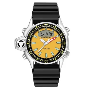 Orologio sportivo SAMDA impermeabile con quadrante giallo a doppio display e cinturino nero