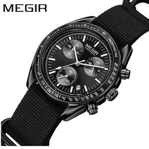 Megir multi-function men's chronograph watch with black canvas strap and sporty black dial