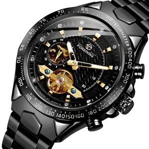 Forsining Men Automatic Mechanical Watch Fashion Casual Tourbillon Hollow Dial Rhinestone Index Alloy Strap Wristwatch
