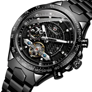 Forsining men's black automatic mechanical watch with tourbillon and tachymeter