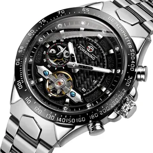 FORSINING men's automatic mechanical watch with tourbillon dial and silver steel strap