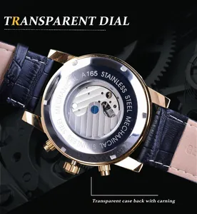 Vue détaillée d'une montre mécanique pour hommes avec fond transparent et boîtier doré.