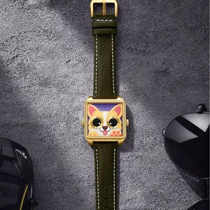 Cartoon Corgi quartz watch with dark green leather strap and gold square case