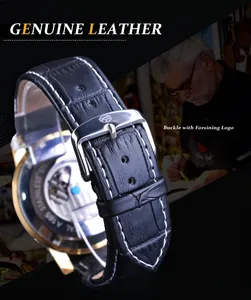 Détail macro du bracelet en cuir véritable noir de la montre automatique Forsining pour hommes.
