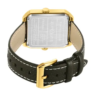 Detailed back view of a rectangular gold quartz watch with a black genuine leather strap