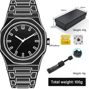 Set de reloj de cuarzo para hombre negro minimalista con caja de regalo pila y útil