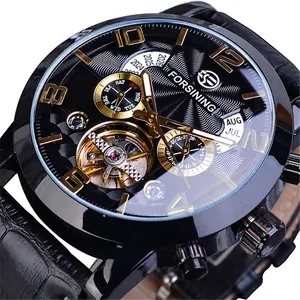 Montre Mécanique Automatique Forsining pour Homme Tourbillon Squelette Mode Décontracté Business Bracelet en Cuir Calendrier
