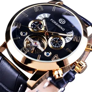 Montre mécanique automatique Forsining pour hommes avec un bracelet en cuir noir