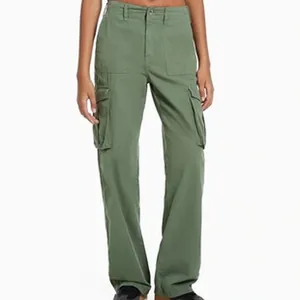 Detail view of olive green high-waisted cargo pants with multi-pocket design